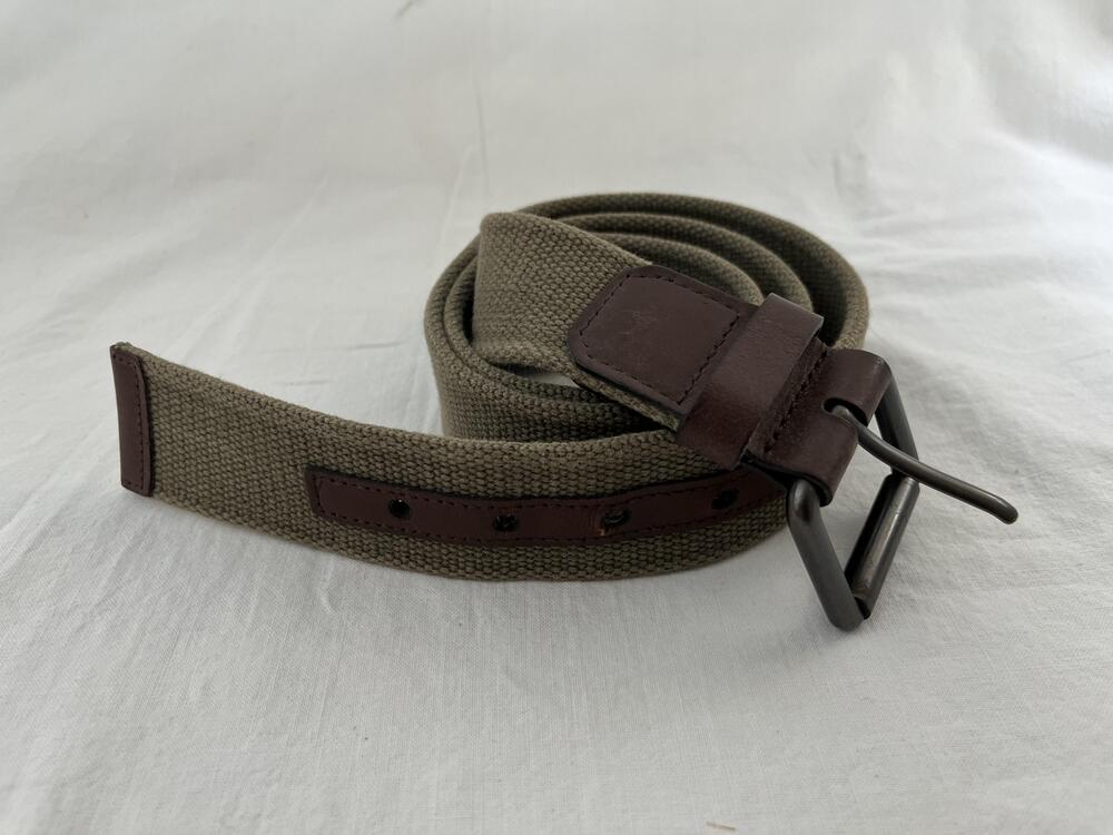 Cotton Leather Belt 40 Brown Trim Military Style Buckle Army Green Beige Webbed